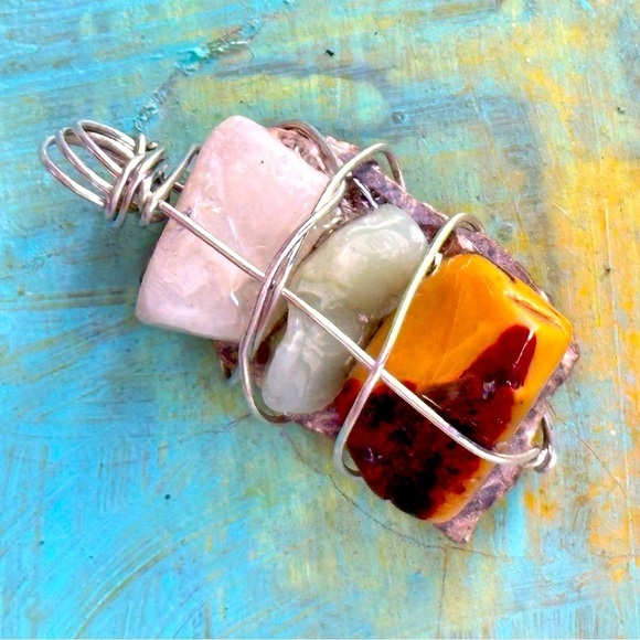 Handmade Jewelry - Sold🛍️Collage Gemstone Necklace Pendant, Handmade assemblage Wire Wrapped4300 G